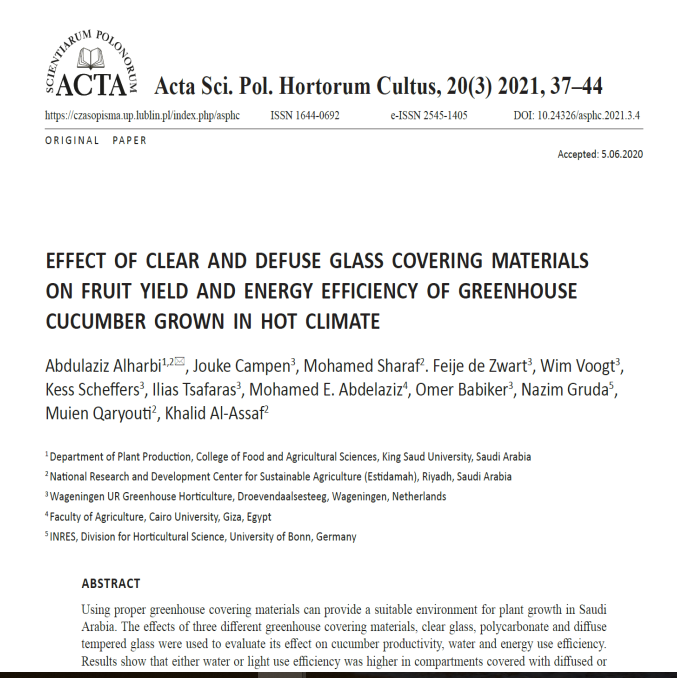 Effect of clear and deffuse glass covering materials on fruit yield and energy efficiency of greenhouse cucumber grown in hot climate