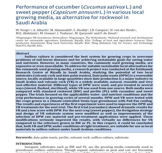 Performance of cucumber (Cucumus sativus L.) and sweet pepper (Capsicum annuum L.) in various local growing media, as alternative for rockwool in Saudi Arabia